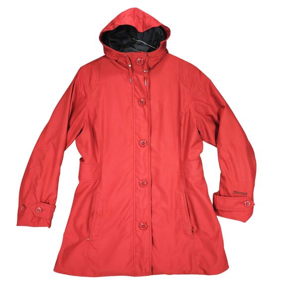 Marmot Trench Coat sz L Women Hooded Brick Red Lined Mid Length Lined Pockets - Picture 1 of 13